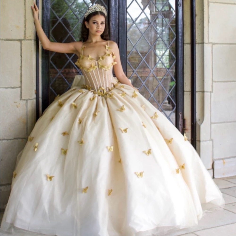 Elegant Cream Ball Gown with Gold Accents